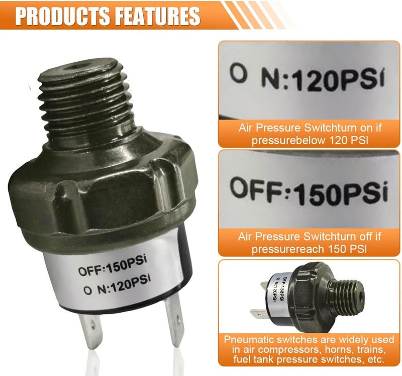 BDZMC 120-150 PSI Air Pressure Switch, 1/4" NPT Thread, DC 12V/24V, Black+Silver, ON-NONE-OFF - Image 3